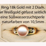 Ring 18k Gold, eine Süßwasserzuchtperle 10,5mm und Diamanten